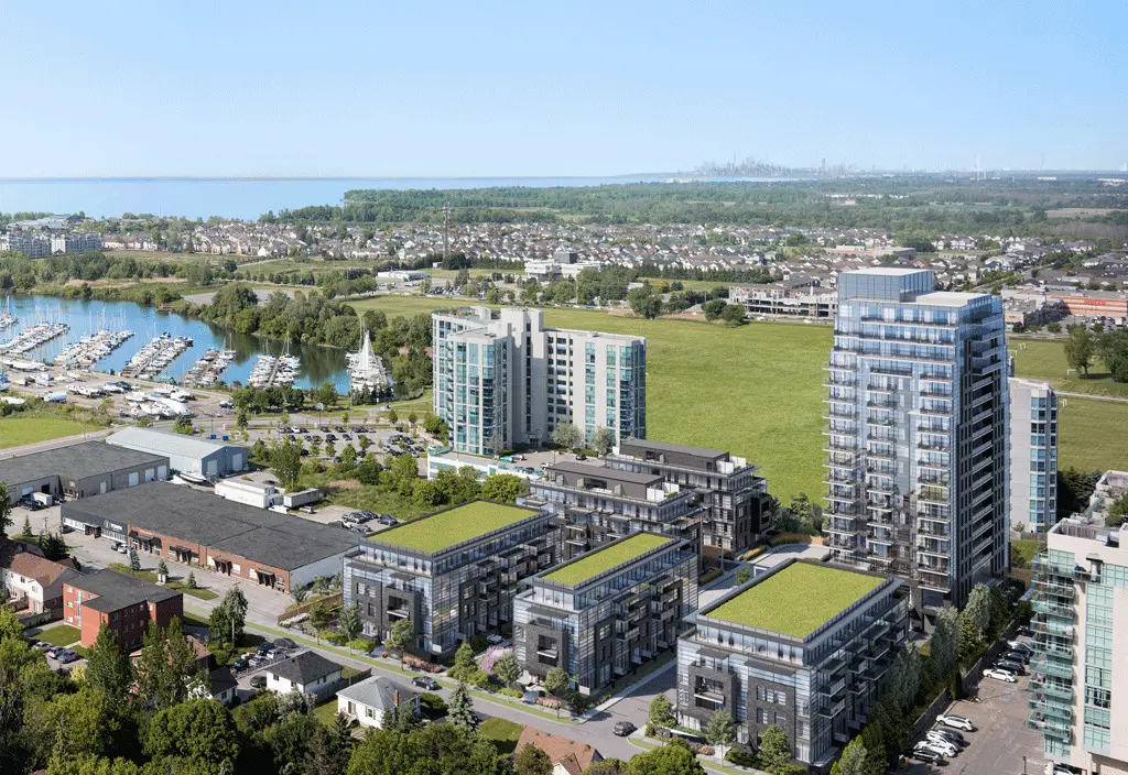 Aerial view of The Landing Whitby Harbour showing low-rise buildings and surrounding Whitby neighbourhood