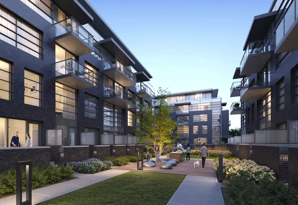 Exterior view of The Landing Whitby Harbour low-rise condo buildings and surrounding neighbourhood