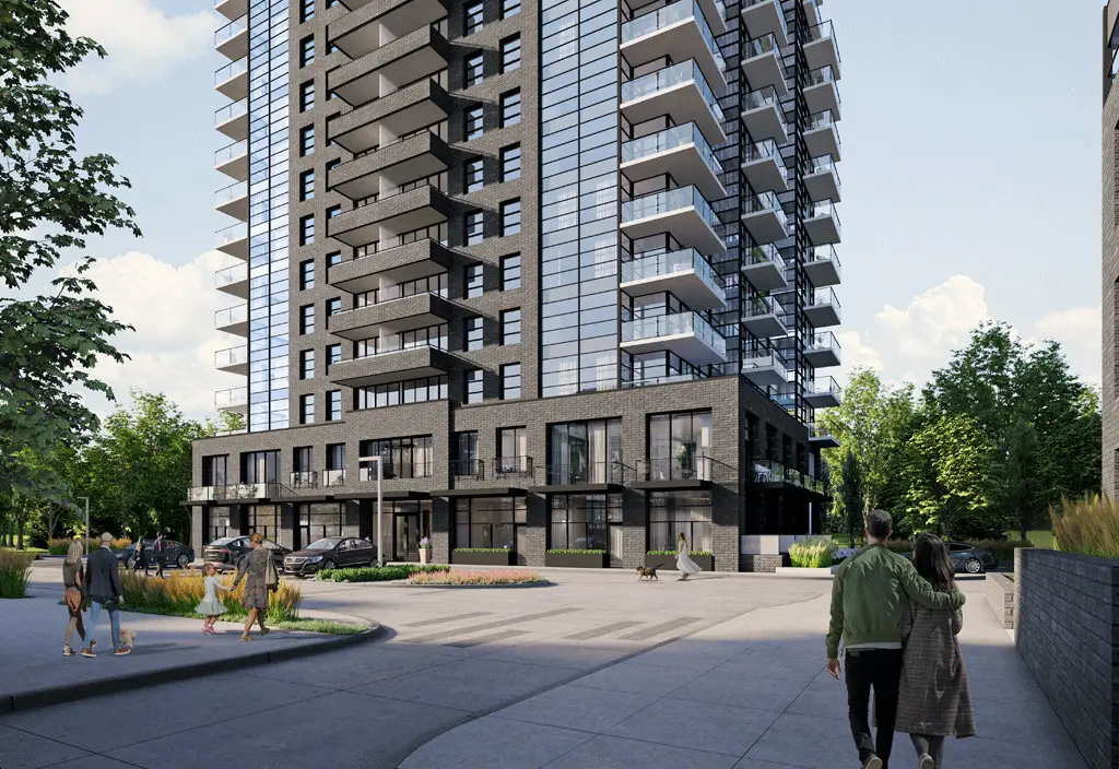 Exterior view of The Landing Whitby Harbour low-rise condo buildings and surrounding neighbourhood