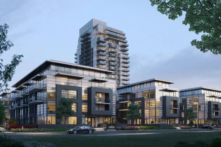 Exterior view of The Landing Whitby Harbour low-rise condo buildings and surrounding neighbourhood